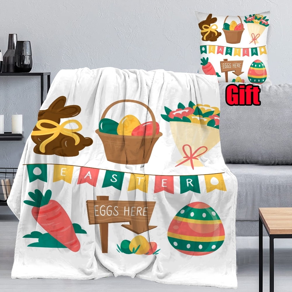 Dicasser Colorful Easter Bunny Flower Throw Blanket With Pillow Cover Spring Bunnies and Flowers