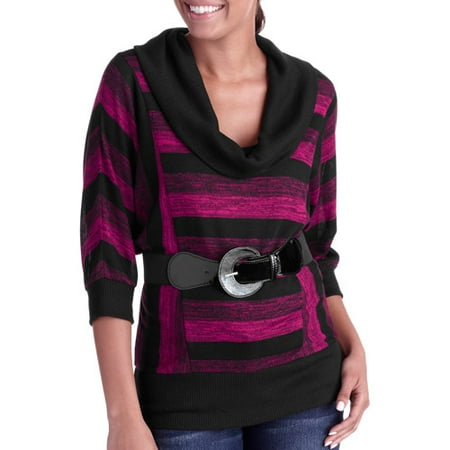 No Boundaries Juniors' Striped Sweater with Belt
