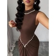 thumbnail image 3 of Brown Semi-High Neck Sleeveless Knitted Pleated Maxi Dress With Pearl Embellishment, Elegant Evening Gown, 3 of 8