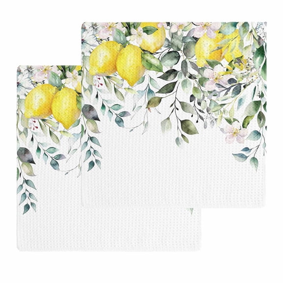 Summer Lemon Kitchen Dish Towels for Drying Dishes Set of 2, Spring Floral Eucalyptus Leaves Botanical Waffle Weave Microfiber Hand Tea Bathroom Towels Quick Dry & Absorbent Towel 12x12