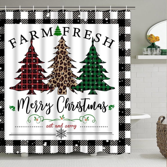 Merry Christmas Shower Curtain, Buffalo Plaid Shower Curtain Farm Fresh Shower Curtain, Christmas Tree Shower Curtain with 12 Hooks, Waterproof Fabric Shower Curtains for Christmas
