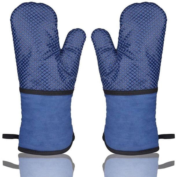 Guantes de horno antideslizantes de silicona doble manopla de horno, manopla térmica profesional resistente al calor, guantes de horno de algodón suaves y largos para cocina, hornear, barbacoa, parrilla, 1 par (azul) JM