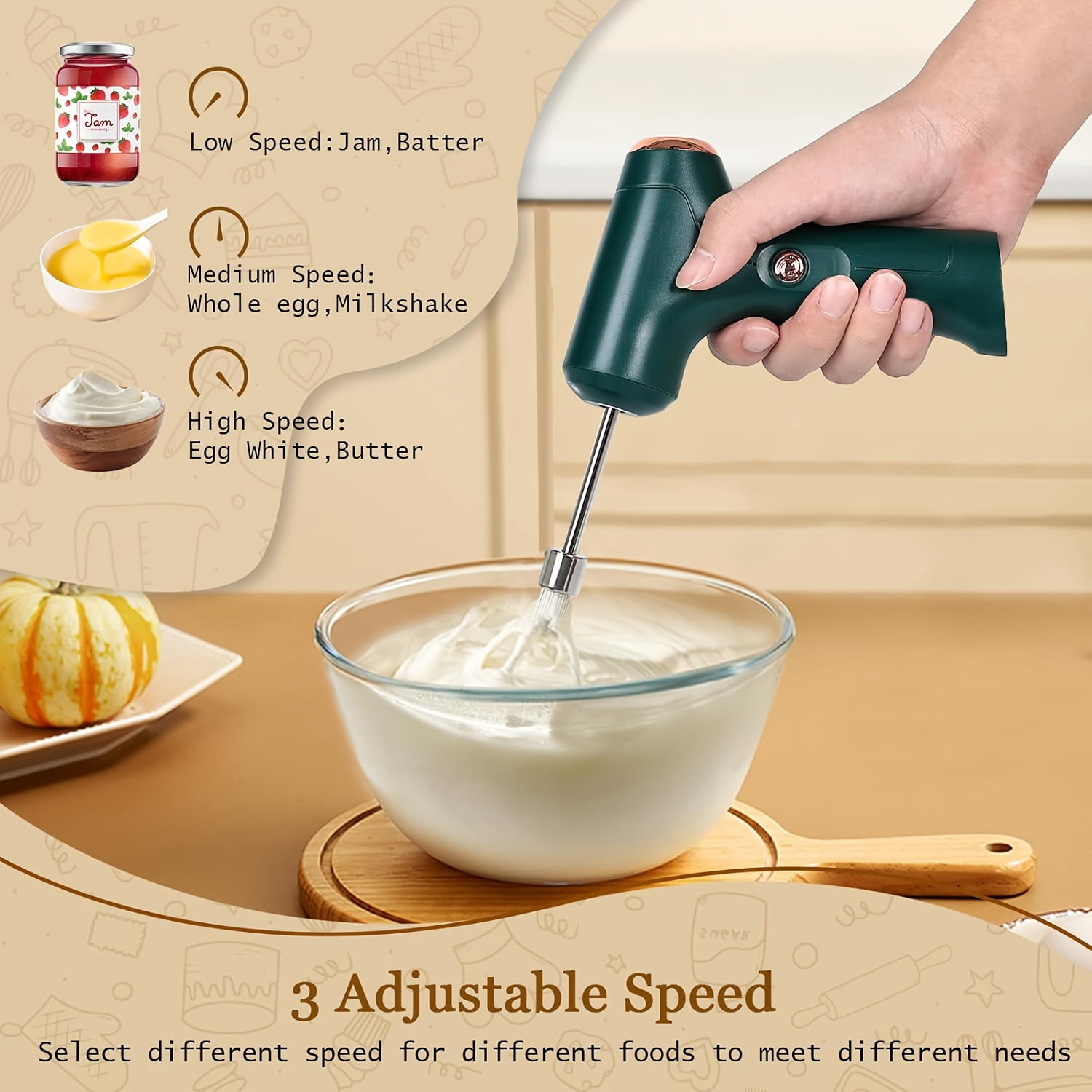 Cordless Electric Hand Mixer USB Rechargeable 304 Stainless Steel 3 Speed Modes Detachable Stir Whisks Portable Kitchen Baking Tool