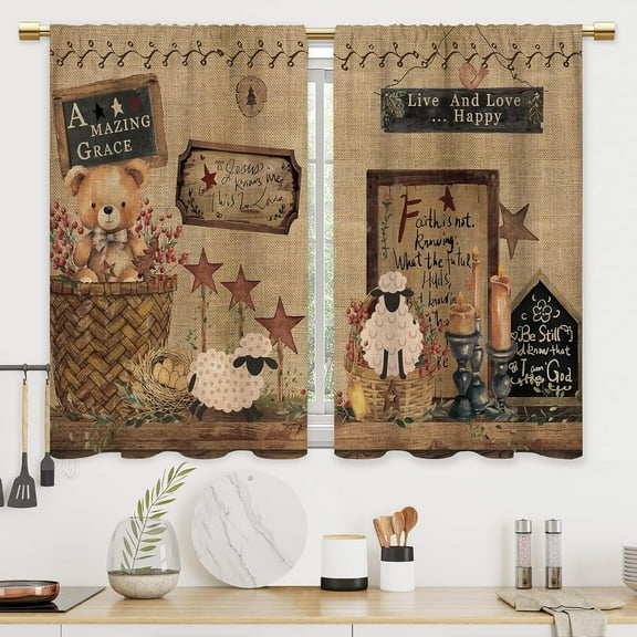 Farmhouse Country Kitchen Curtains Rustic Farm Bathroom Curtains Window Treatment Drapes Tier Vintage Retro Sheep Bear Cafe Small Bedroom Short French Door Curtains 2 Panels 28x40 Inch