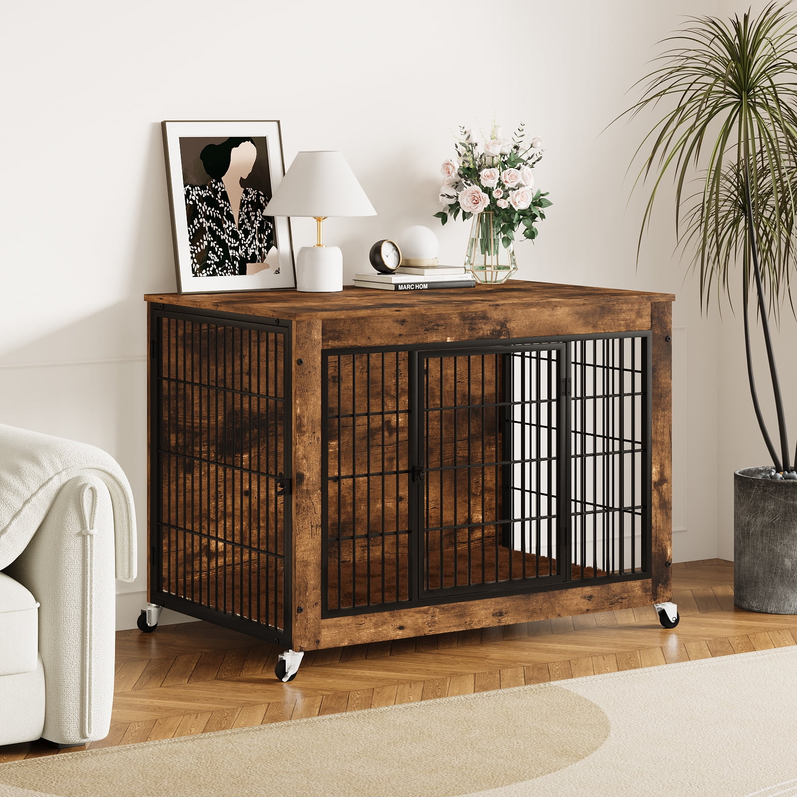 Waleaf Dog Crate Furniture with Cushion, Double Doors Wooden Dog Kennel Indoor with Wheels