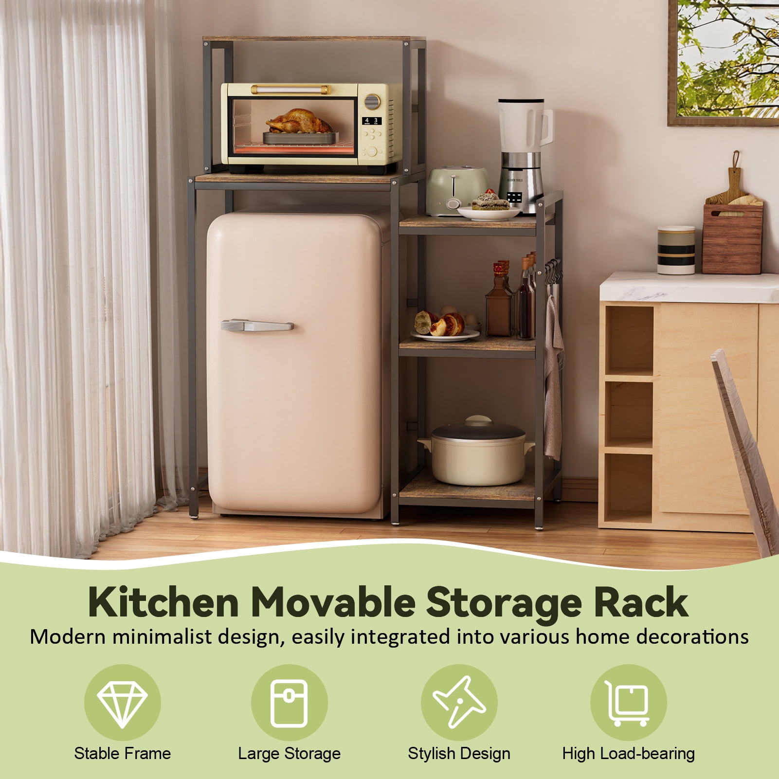 Dbuoem Kitchen Storage Rack with Storage Shelves, 5-Tier Mini Fridge Cabinet Microwave Stand Baker Rack