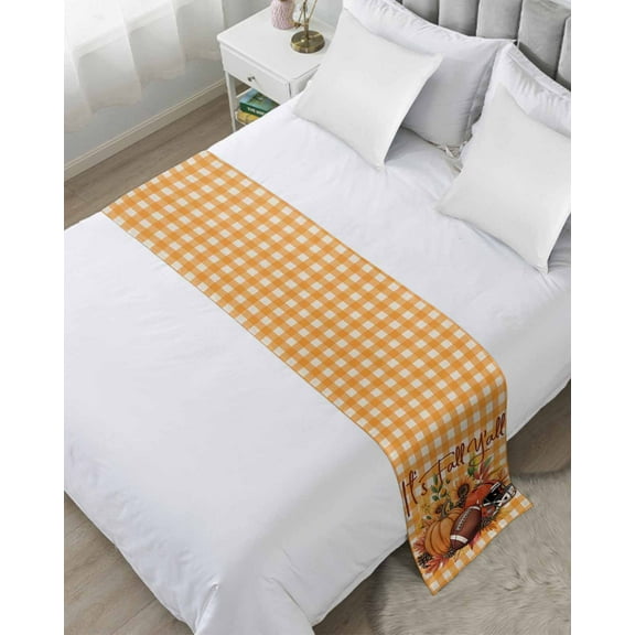 Xipuska Pumpkin Football Fall Bed Runners for King Size Bed, Decorative Bed Throws for Foot of Bed, Thanksgiving Sunflower Maple Plaid Beige Bed Runner Sofa Throw Bedding Scarf Slipcover for Bedroom