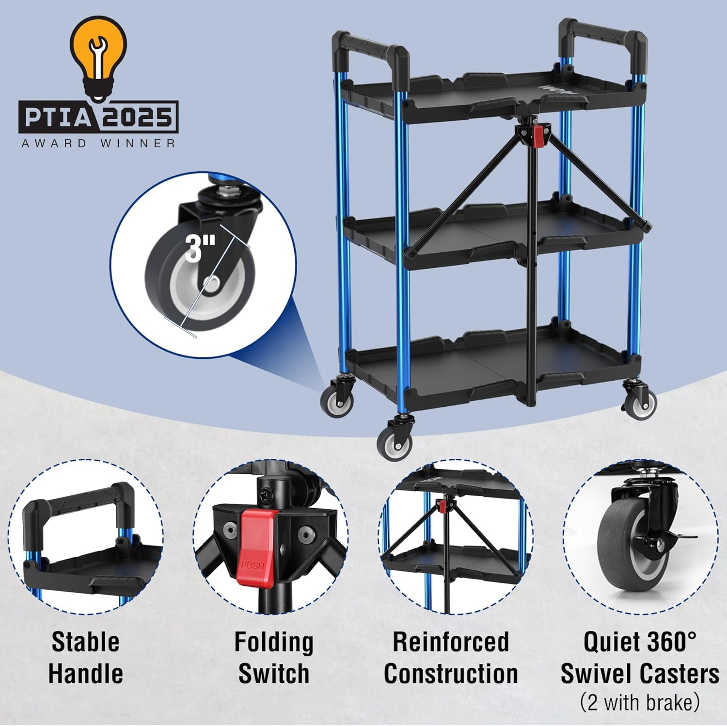 3-Tier Collapsible Service Cart, 210 LBS Foldable Utility Service Cart with Wheels, Portable Tool Cart for Garage, Warehouse, Home, Restaurant, Office (No Assembly Required)