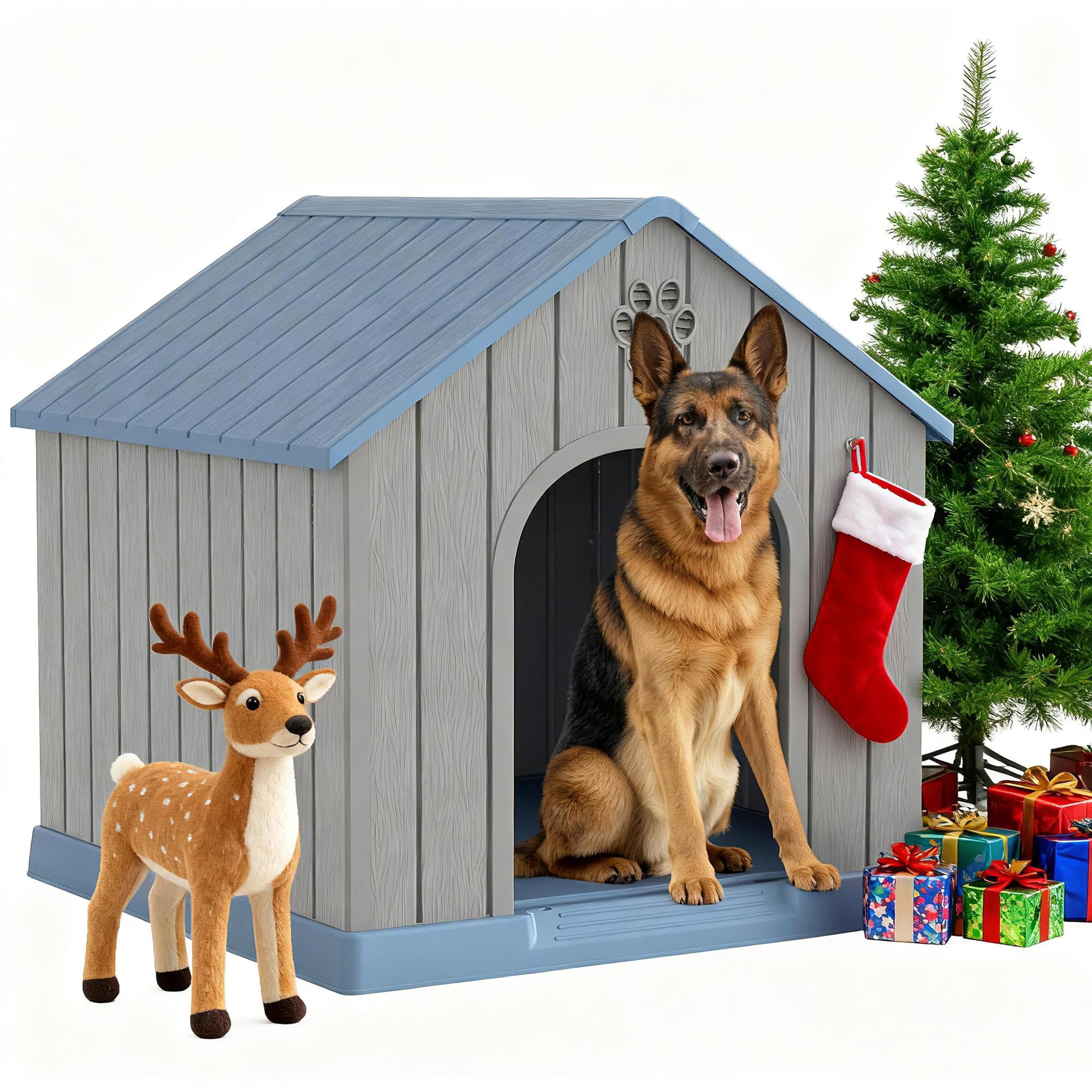 EasyUp Outdoor Waterproof Dog House,Resin Material,Puppy Shelter with Air Vents and Elevated Floor,Sturdy Dog Kennel for Small to Large Sized Dogs, Easy to Assemble (Blue, 38.62*36.26*38.07 Inches)