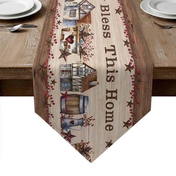 Farmhouse Table Runner Linen Burlap Table Runner 60 Inches Long Brown Country Star Berry Vintage Wood Grain Dresser Scarves for Kitchen Island Coffee Dining Room Party Holiday Decoration 13"x60"