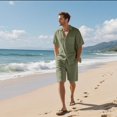 thumbnail image 7 of Men's Linen Vacation 2-Piece Beach Set, Solid Color Lightweight Button-Down Pocket Shirt and Elastic Waist Shorts, Summer Outfit For Holiday,Army Green,L, 7 of 7