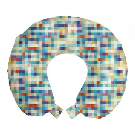 Modern Travel Pillow Neck Rest, Colorful Low Poly Geometric Illustration of Hazy Squares Contemporary Demonstration, Memory Foam Traveling Accessory Airplane and Car, 12", Multicolor, by Ambesonne
