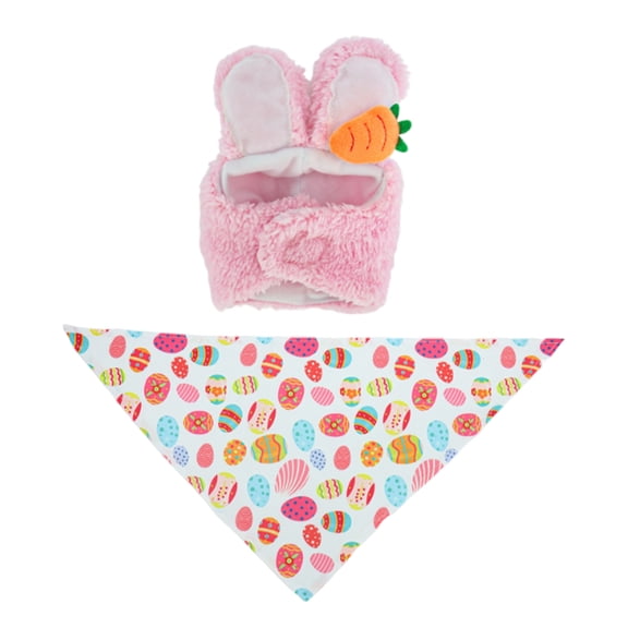 HaCpiu Easter Porch Goose Outfit 2-Piece Set: 6.9" Plush Bunny Ear Hat with 3D Carrot & 21.6" Colorful Egg Pattern Bandana, Holiday Yard Decor Accessories for Standard Cement Lawn Goose, Pink