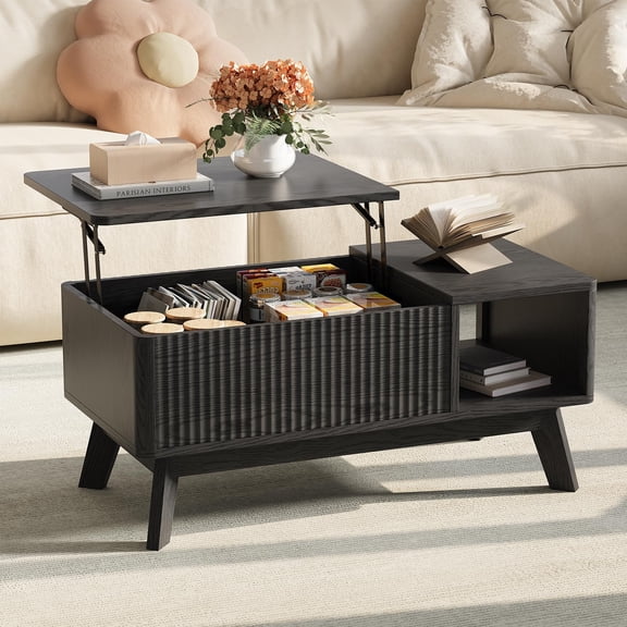 Black Top Coffee Table with Hidden Storage, Fluted Wood Center Table