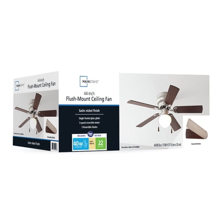 MAINSTAYS 44 INCH HUGGER INDOOR CEILING FAN WITH LIGHT KIT, SATIN NICKEL, 5 BLADES, REVERSE AIRFLOW