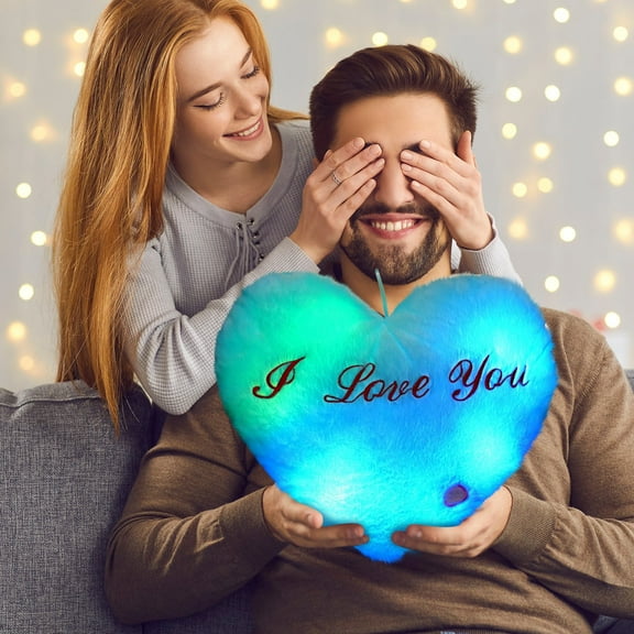 Heart-Shaped LED Light Up Plush Pillow with 'I Love You' Embroidery Soft, Cozy, and Perfect for Romantic Gifts