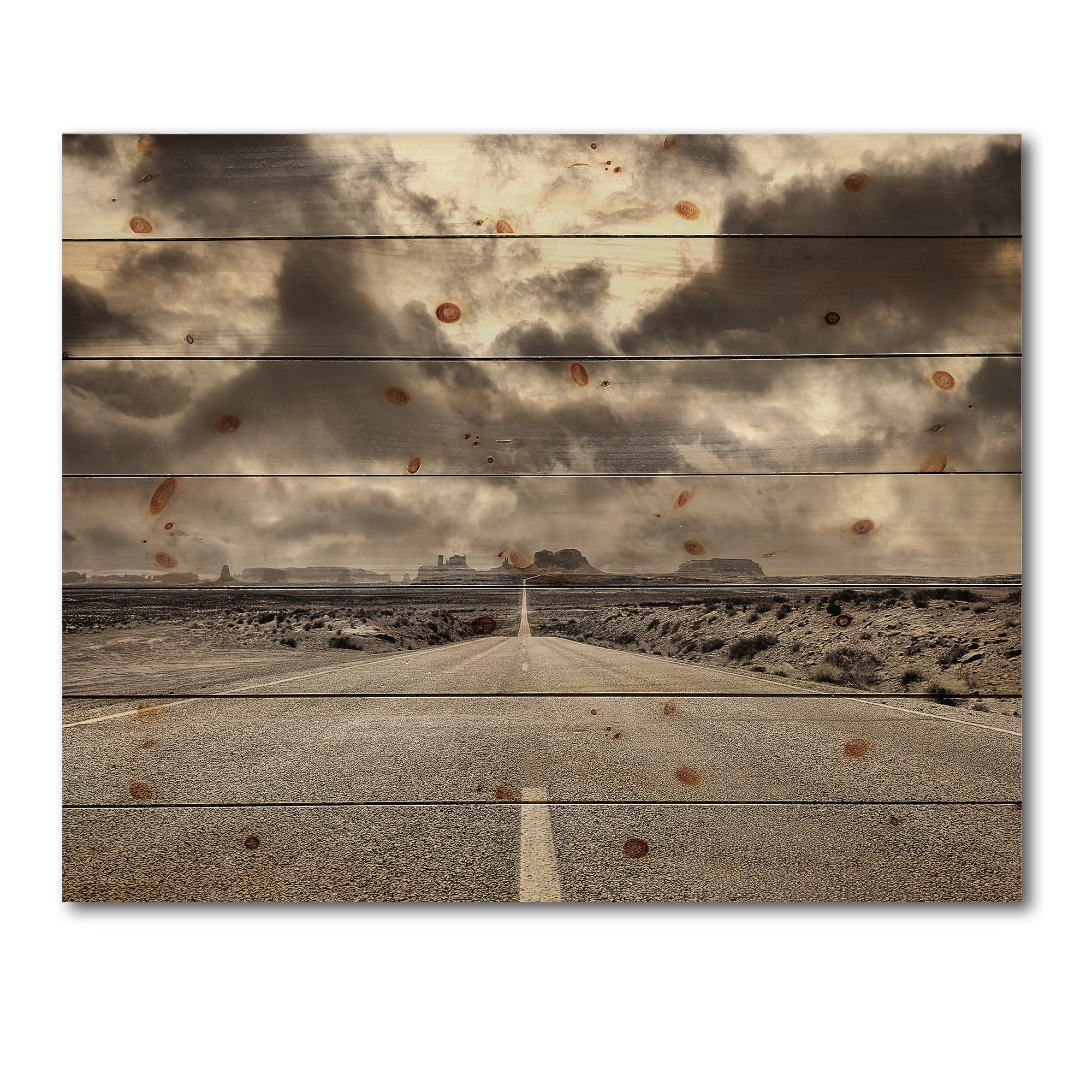 Designart 'The Straight Road To Monument Valley' Traditional Print on Natural Pine Wood