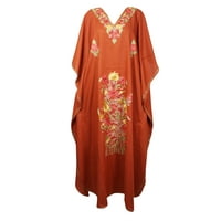 Mogul Women Maxi Caftan Dress, Loose Maternity Dresses, Russet Floral Hand Embroidered Cover Up, Beach Cover Up, Evening Dress 4XL
