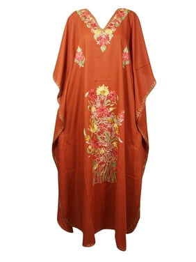 Mogul Women Maxi Caftan Dress, Loose Maternity Dresses, Russet Floral Hand Embroidered Cover Up, Beach Cover Up, Evening Dress 4XL