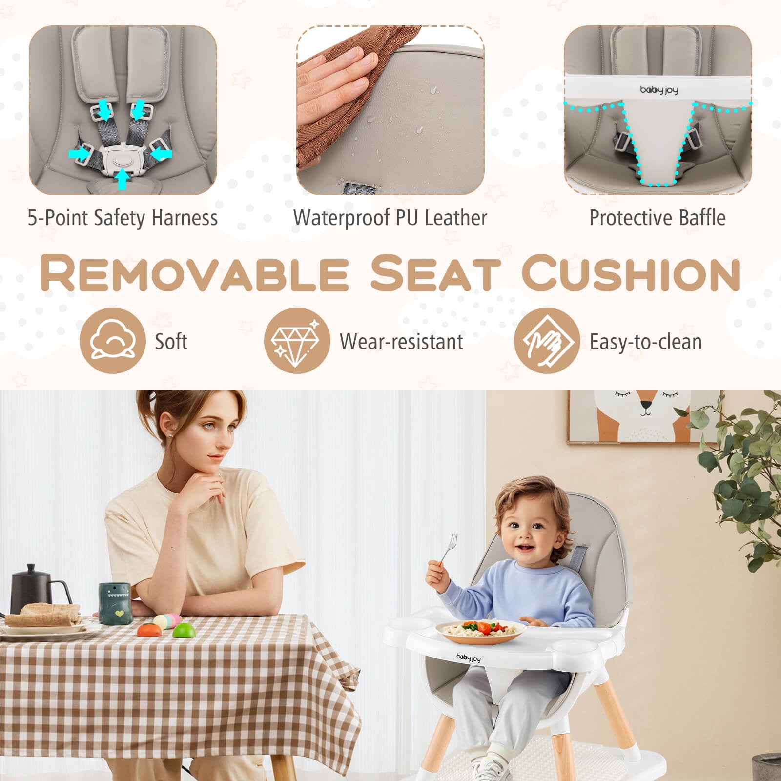 Costway 6-in-1 Baby High Chair Infant Wooden Convertible Chair with Building Block Table Gray