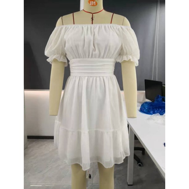 VISgogo Vestido casual de manga corta para mujer, a la moda, de color sólido, cuello barco, con lazo, sin espalda, vestido acampanado VISgogo moda
