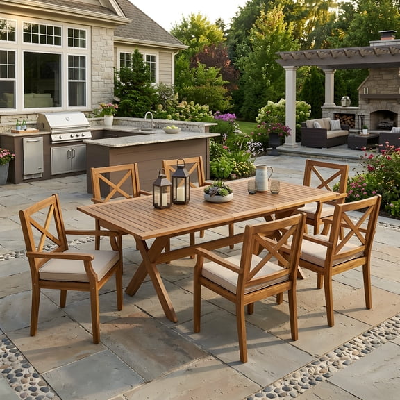 FFZ 7-Piece Acacia Wood Outdoor Dining Set with 6 Chairs and Extendable Table, Cream