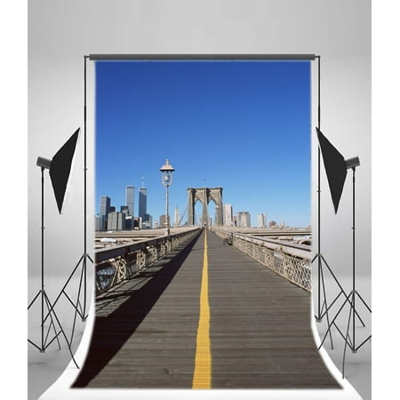 MOHome Polyster Bridge Backdrop 5x7ft Blue Sky City Buildings Road Lines Guardrail Street Lamp Photography Background Video Studio Props Children Baby Students