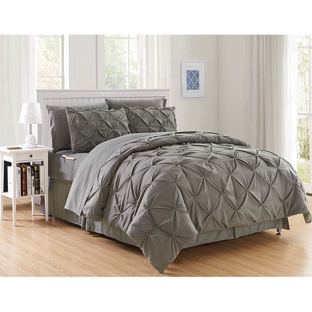 8-Piece Bed-In-A-Bag Comforter - Silky Soft Pintuck Design Comforter ,Bed Sheet Set ,With Double Sided Storage Pockets, King/Cal King, Gray