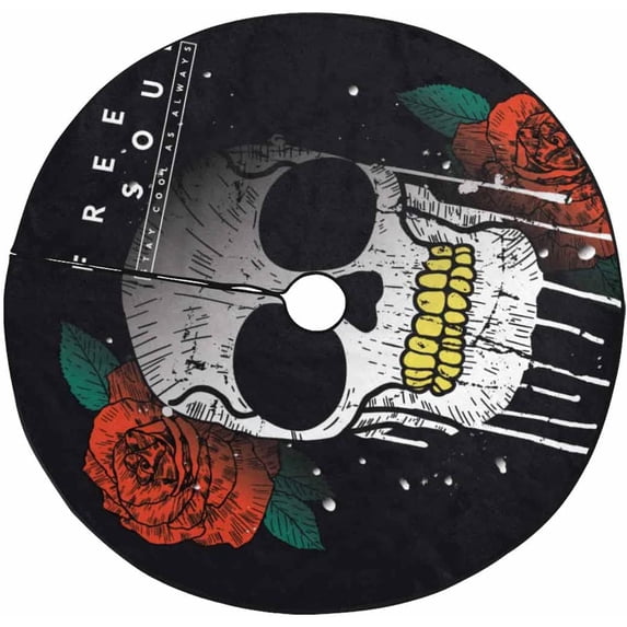 FMSHPON Vintage Style Skull Rose Xmas Christmas Tree Skirt Stand Mat for Holiday Party Decoration Indoor Outdoor 36 inches