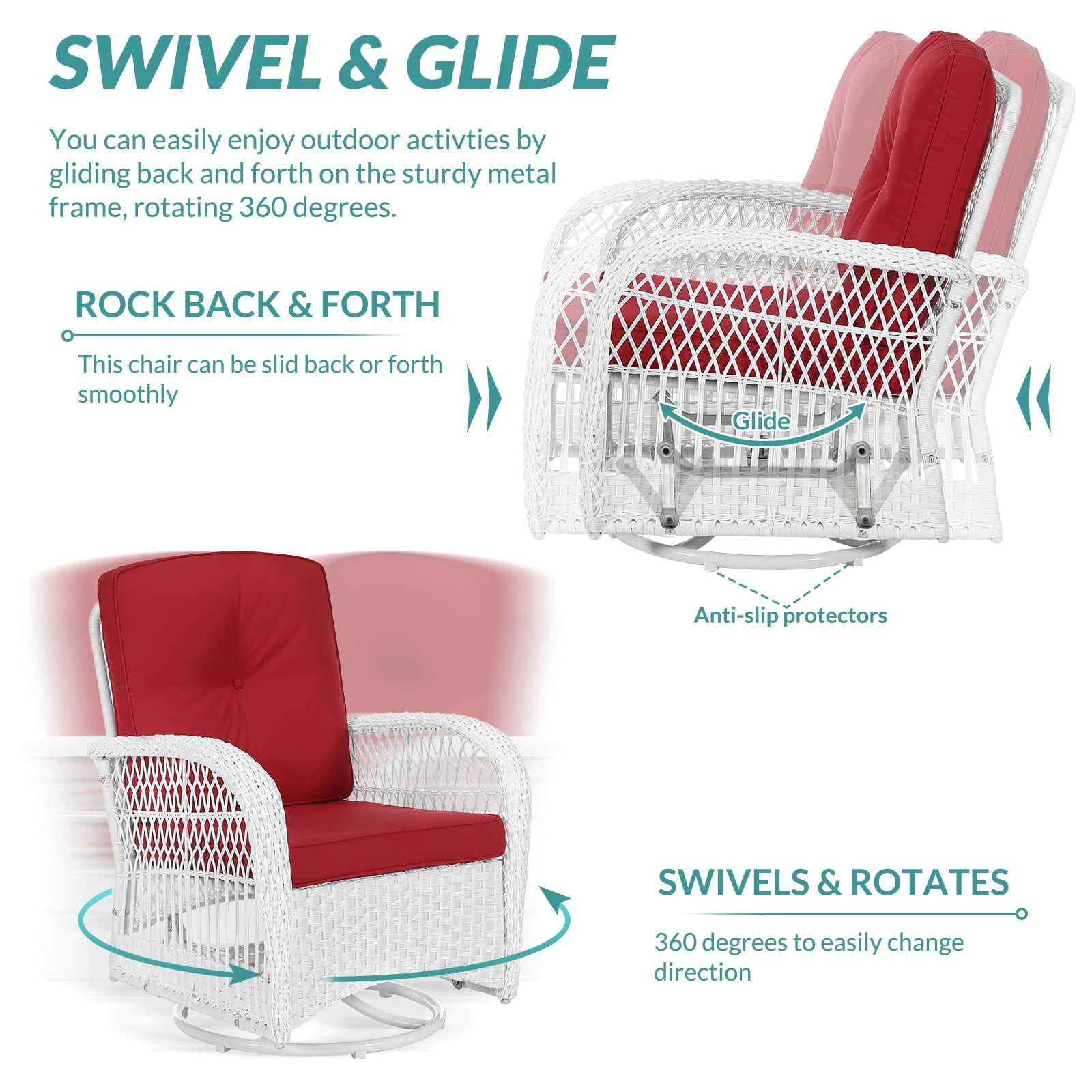 MEETWARM 3 Pieces Outdoor Wicker Swivel Rocker Patio Set, Rocking Chairs Rattan Patio Furniture Sets with Thickened Cushion and Glass-Top Coffee Table, Conversation Bistro Set, White Wicker/Red
