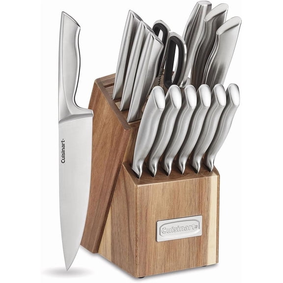 Cuisinart 15pc German Stainless Steel Cutlery Block Set, Hollow Handle, Acacia Block