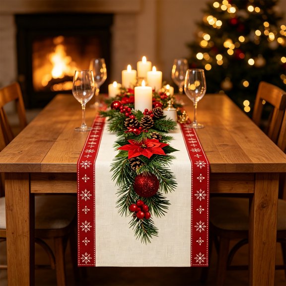 Antqov Christmas Table Runner, 13x72" Winter Xmas Holiday Table Runners Washable Seasonally Christmas Tablecloth for Home Kitchen Dining Party Decor