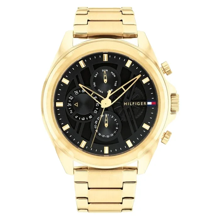 Tommy Hilfiger Chronograph 1710658 Black Dial Gold Bracelet 48mm Mens Watch