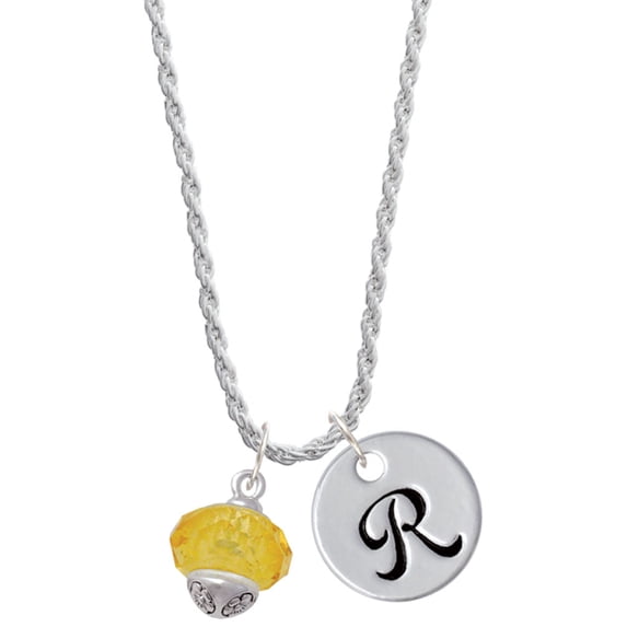Delight Jewelry Yellow Faceted Glass Spinner Silvertone Script Initial Disc - R - Charm Necklace, 20"+3"