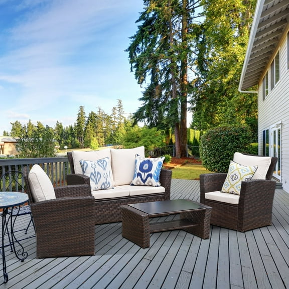 Cozyhom 4 Piece Rattan Outdoor Patio Sofa Furniture Sets, Wicker Conversation Couch Sets Rattan Sofa Chair With Cushion For Backyard Lawn Garden, Brown