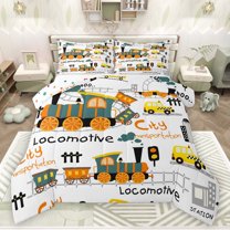 jejeloiu Cute Cartoon Train Bedding Comforter Set,Transportation Vehicle Twin Comforter Sets,White Yellow Orange Bedding Set For Kids,Uxury Bedroom Decor Reversible,2pcs