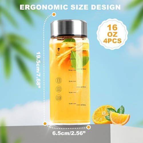 Juice Bottles 4 Pack 16 oz，Reusable Glass Bottles with Lids，Stainless Steel Lids Water Bottle for Juicing, Smoothies, Water, Leakproof, BPA Free