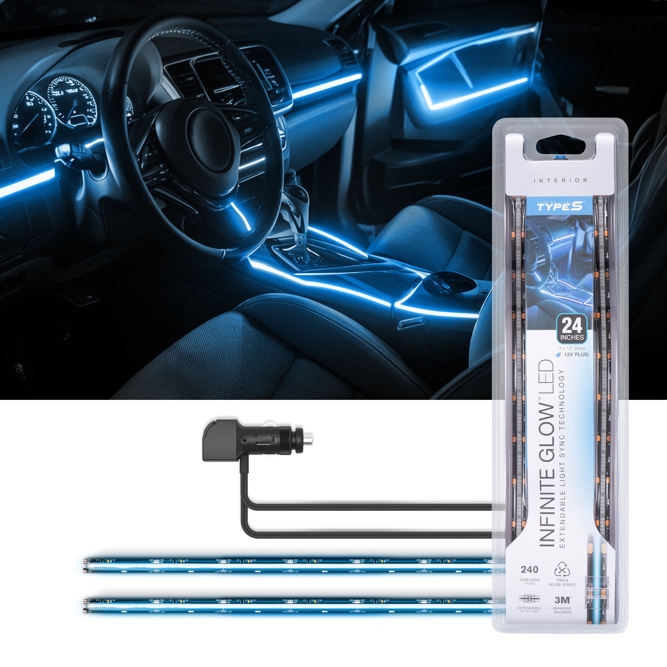 TYPE S - Infinite Glow Blue LED Ambient Lighting - Car LED Strip Lights, Light Sync Technology, 3M Adhesive, Trimmable, 12V, 2 x 12" Blue Strips, 24 inches