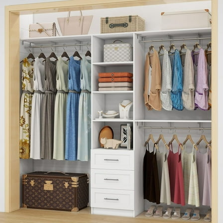 Dilando Closet Organizer System with Drawers, 8FT Closet Shelving System 96" Walk in Wood Corner Closet Storage System with 3 Shelves Custom Hanging Rods Heavy Duty Wall Mount