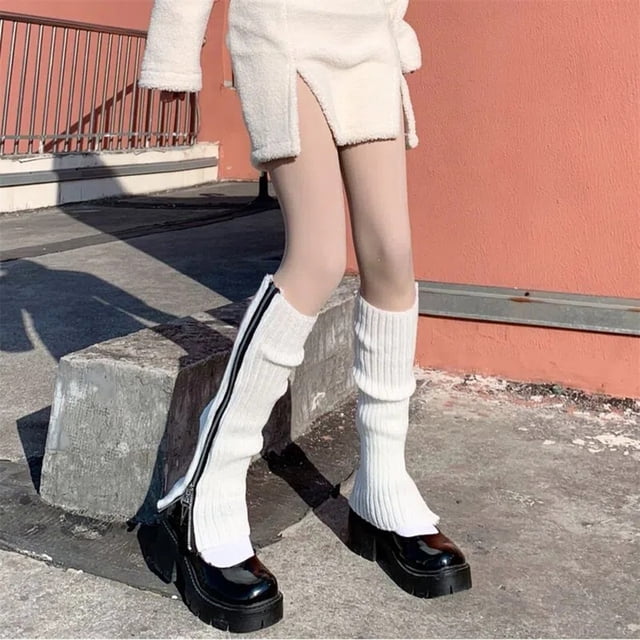 Womens Leg Warmers Gothic Punk Ribbed Knitted Leg Warmers Side Zipper Up Solid Color Boot Socks Student Knee High Foot Cover Winter Sock