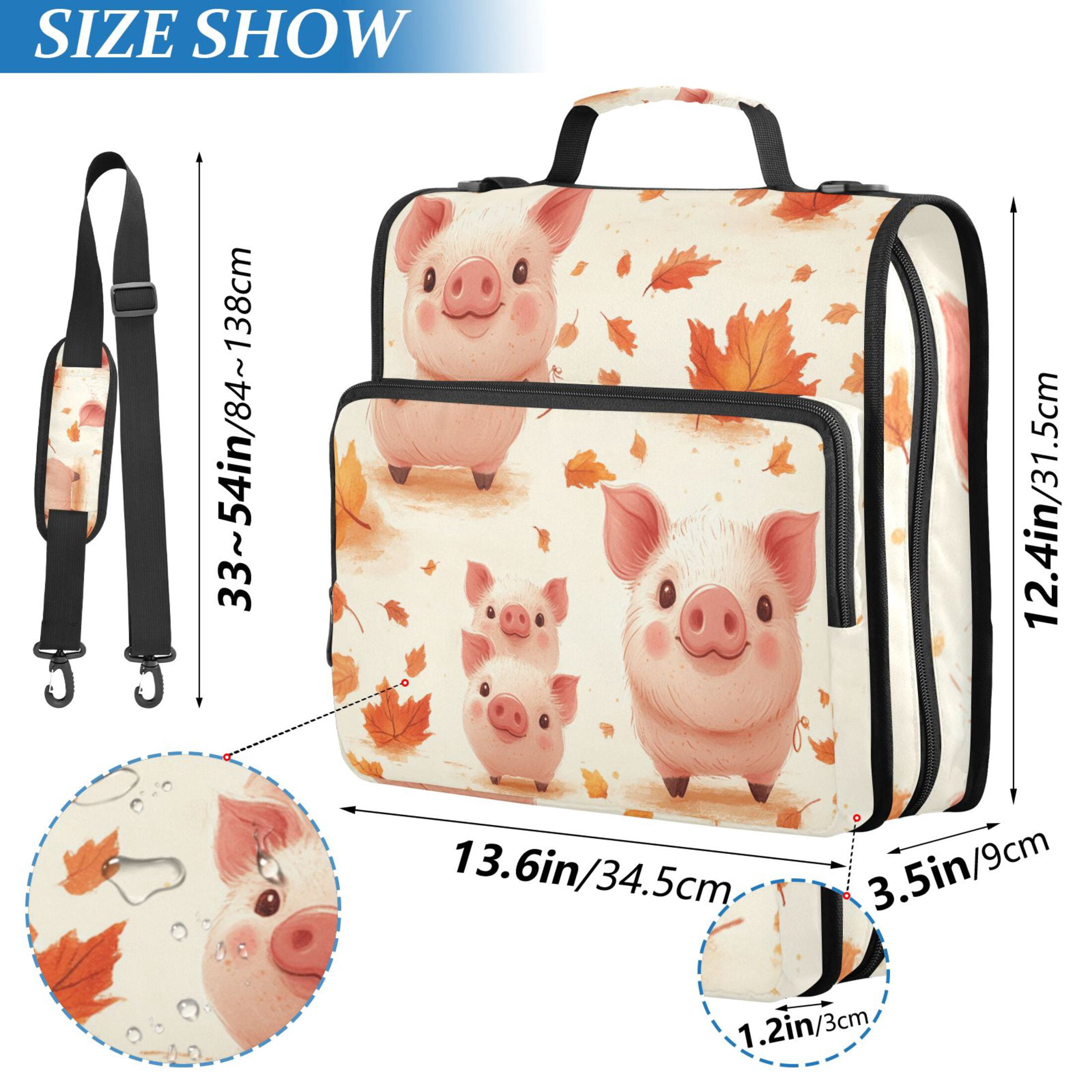 3 Ring Zipper Binder with Shoulder Strap Waterproof Trapper Keeper 2 Inch D-Ring 500 Sheets Capacity Lovely Pig and Leaf