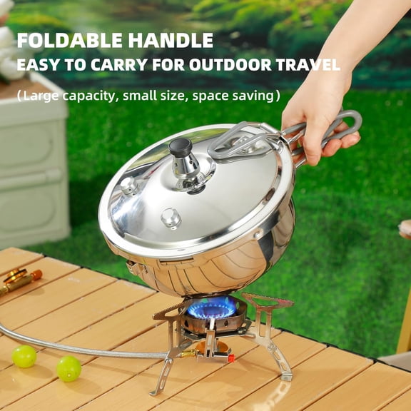 Portable Camping Pressure Cooker, 1.8 Qt Capacity, 304 Stainless Steel, Foldable Handle, Silver (1.8QT)