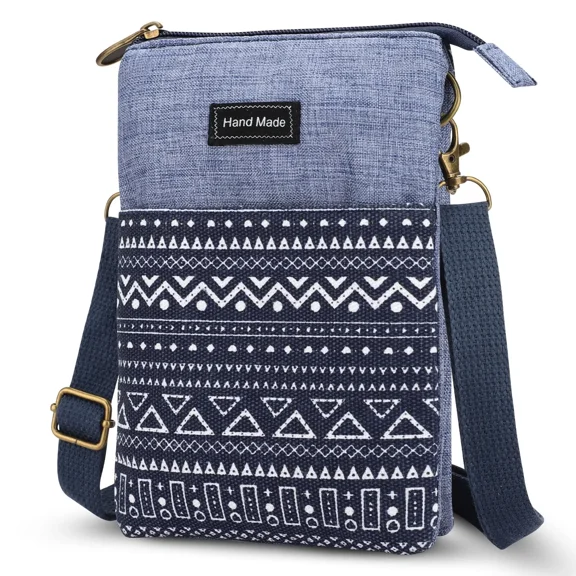 Crossbody Bags for Women, Cell Phone Purse, Canvas Fabric Small Vintage with 2 Zippered Pockets and Adjustable Strap for Size for A Smartphone Under 6.9", Blue