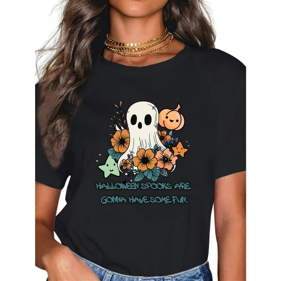 Cotton Casual Womens Pumpkin Graphic Tee T Shirt Tops Short Sleeve Round Neck in Black S-5XL