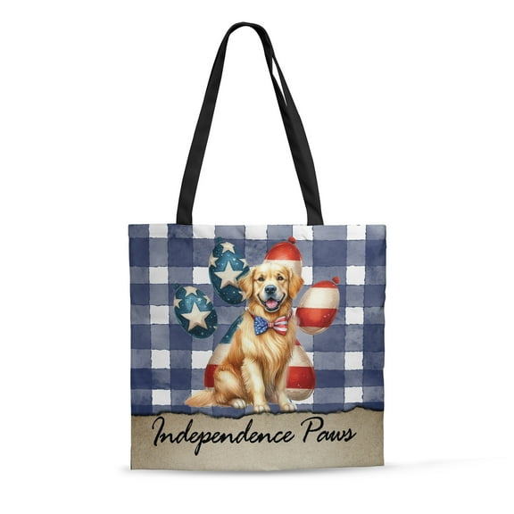 Patriotic Golden Retriever 4th of July Independence Paws All Over Print 3D Canvas Tote Bag Goldens Dog Lover Gifts Idea Reusable Handbag - 02010