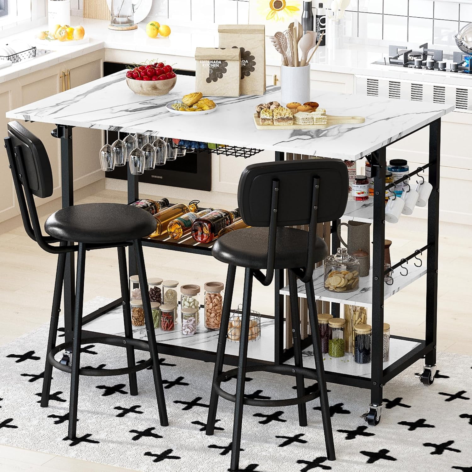 Lamerge 2 Person Folding Dining Table Set with Wheels and Wine Rack, White