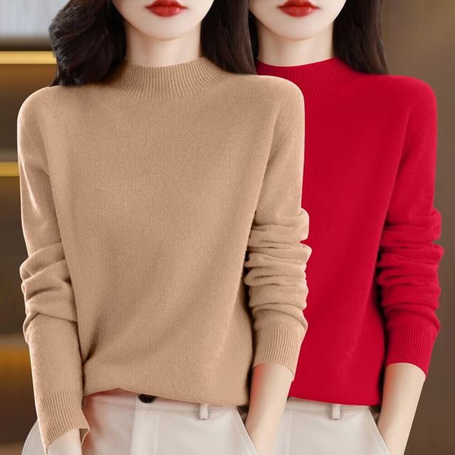 Chandail à Col Rond pour Femmes, Automne et Hiver, 2 Pcs, Couleur Unie, Doux et Confortable