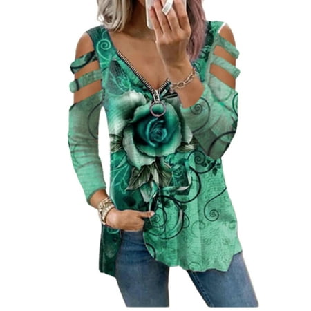 

GirarYou Women Rose Print T-shirt Long Cutout Sleeve Zipper V-neck Pullover