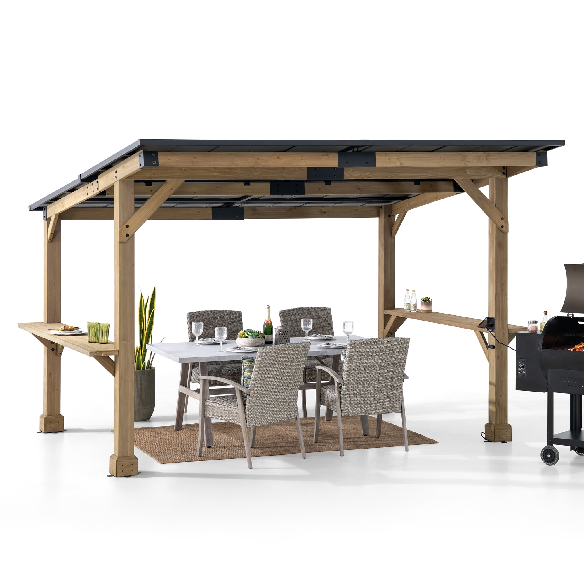 Sunjoy 10’ x 12’ Gazebo Outdoor/Patio with Wooden Frame, Steel Roof, Power Port and Bar Shelves