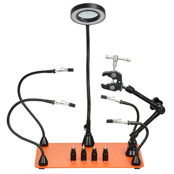 KFFKFF Magnetic Helping Hands Soldering Station with LED Magnifying Lamp, Adjustable PCB Holders, 360° Hot Air Gun Stand, and Sturdy Base for Electronics Repair and Crafting